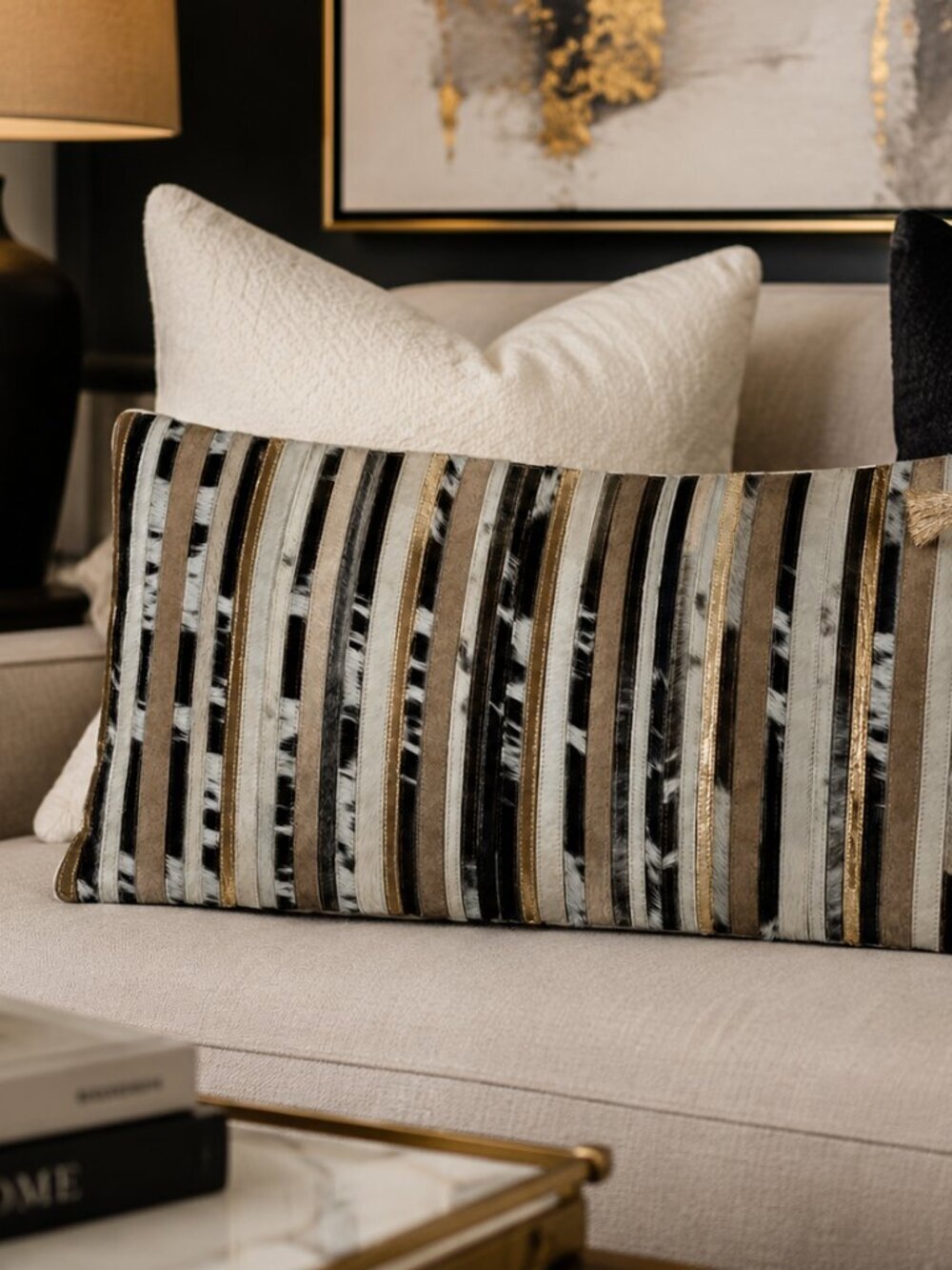Callisto Home Metallic Leather Patchwork Oblong Cow Hide Pillow Cover NWOT